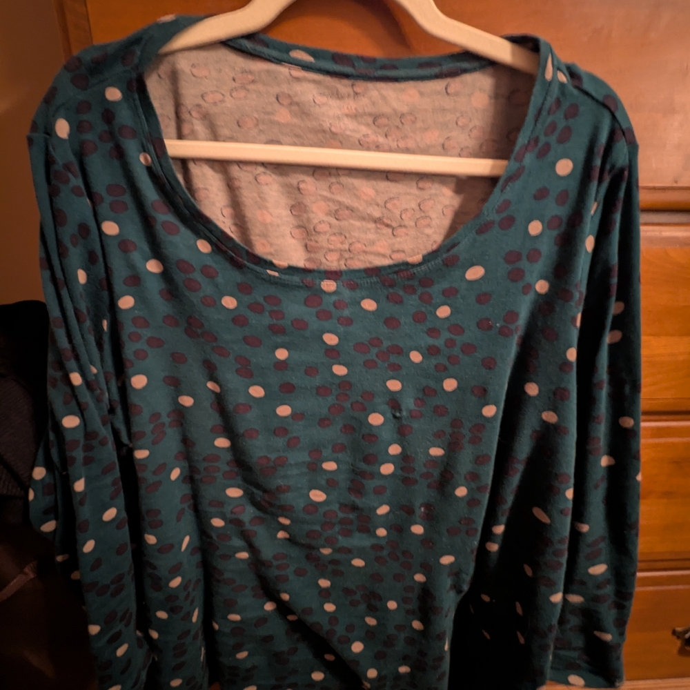 Daisy Fuentes Teal and White Polka Dot Long Sleeve Top